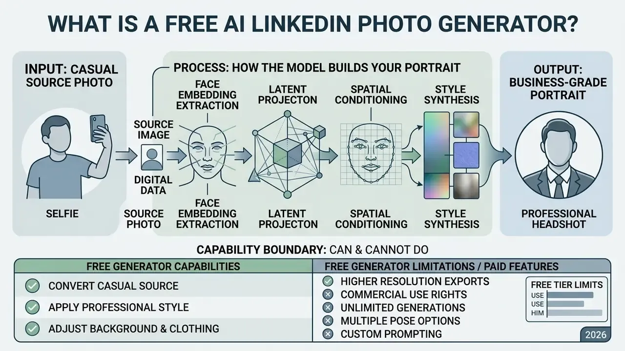 Infographic showing how an AI LinkedIn photo generator converts a casual selfie into a professional portrait