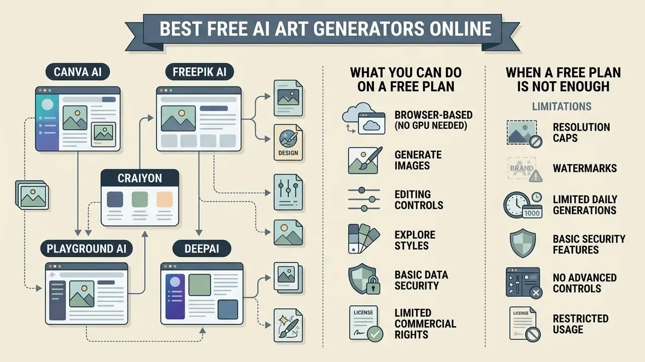 Diagram showing features and limitations of browser-based AI art generators for free user plans