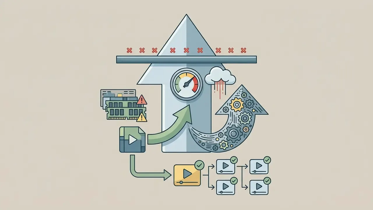 Large arrow pointing up toward a limit line with memory modules and cloud icons indicating data constraints