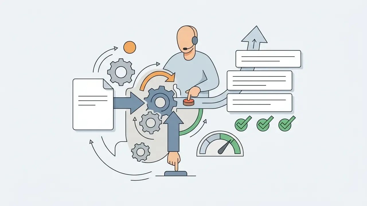 Customer service representative pressing buttons to process documents through gears and into status boxes