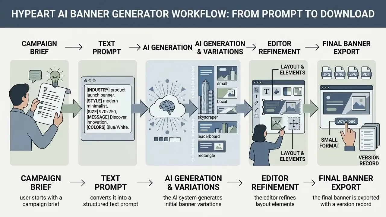 Step-by-step workflow of an AI banner generator moving from a campaign brief to final file export
