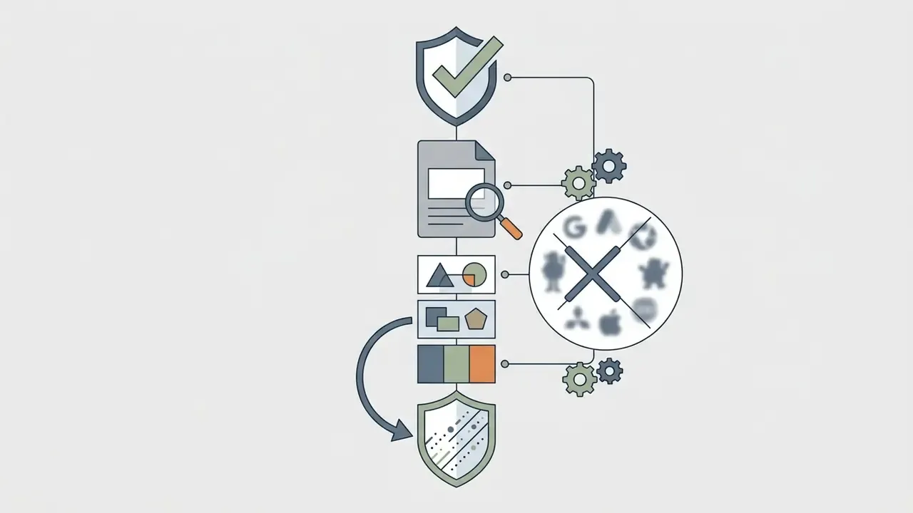 Shield icons and document analysis tools connected to a circle showing prohibited trademark symbols