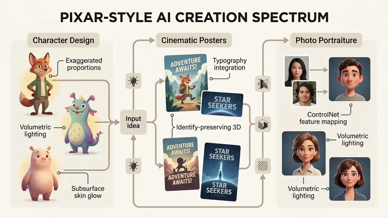 Flowchart showing how a Pixar AI generator creates characters, cinematic posters, and 3D portraits
