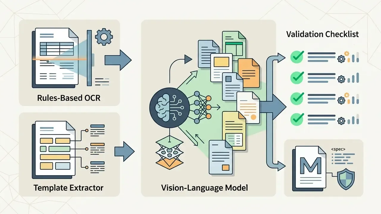 Comparison of rules-based OCR, template extractors, and vision-language models against a validation checklist