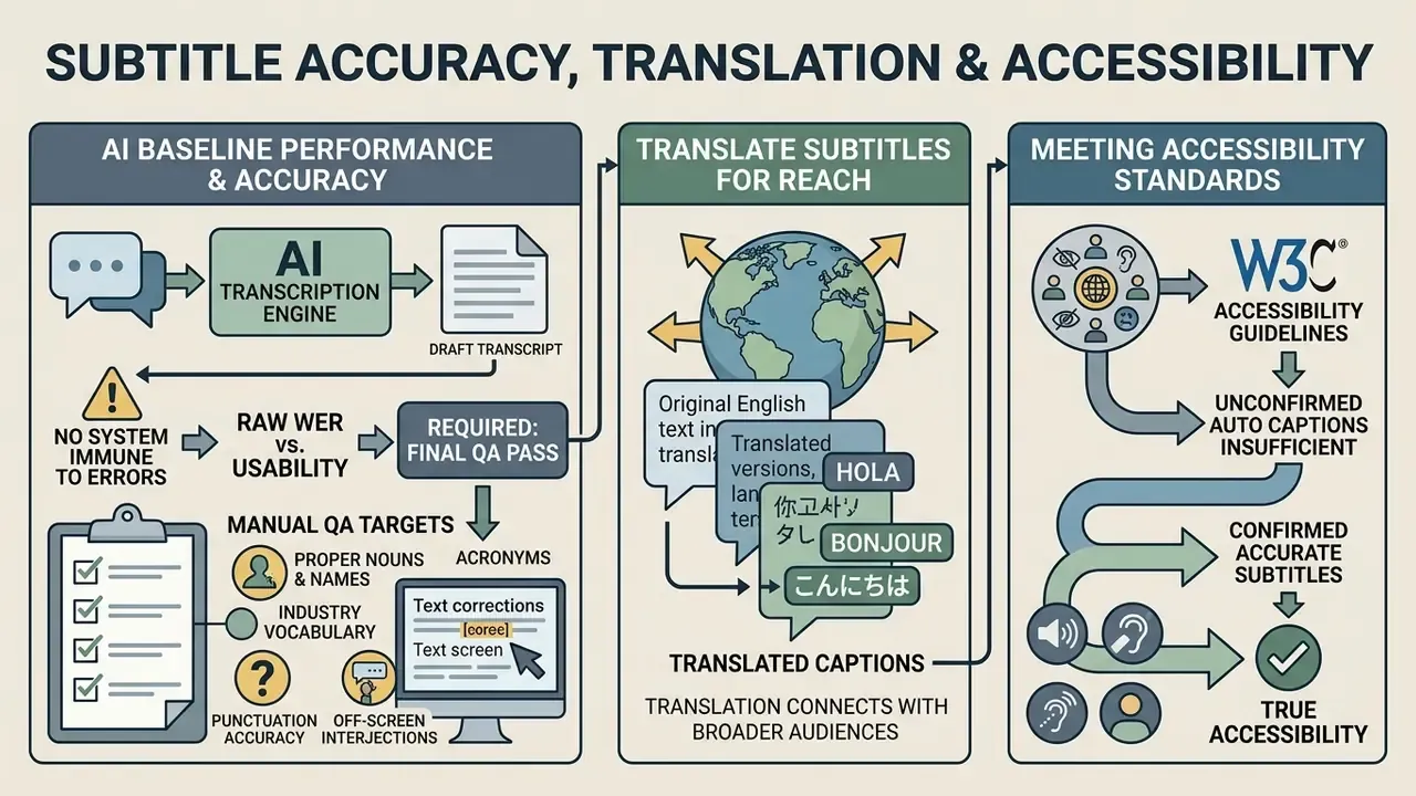 Flowchart showing the need for manual review, translation, and accessibility standards for AI subtitles