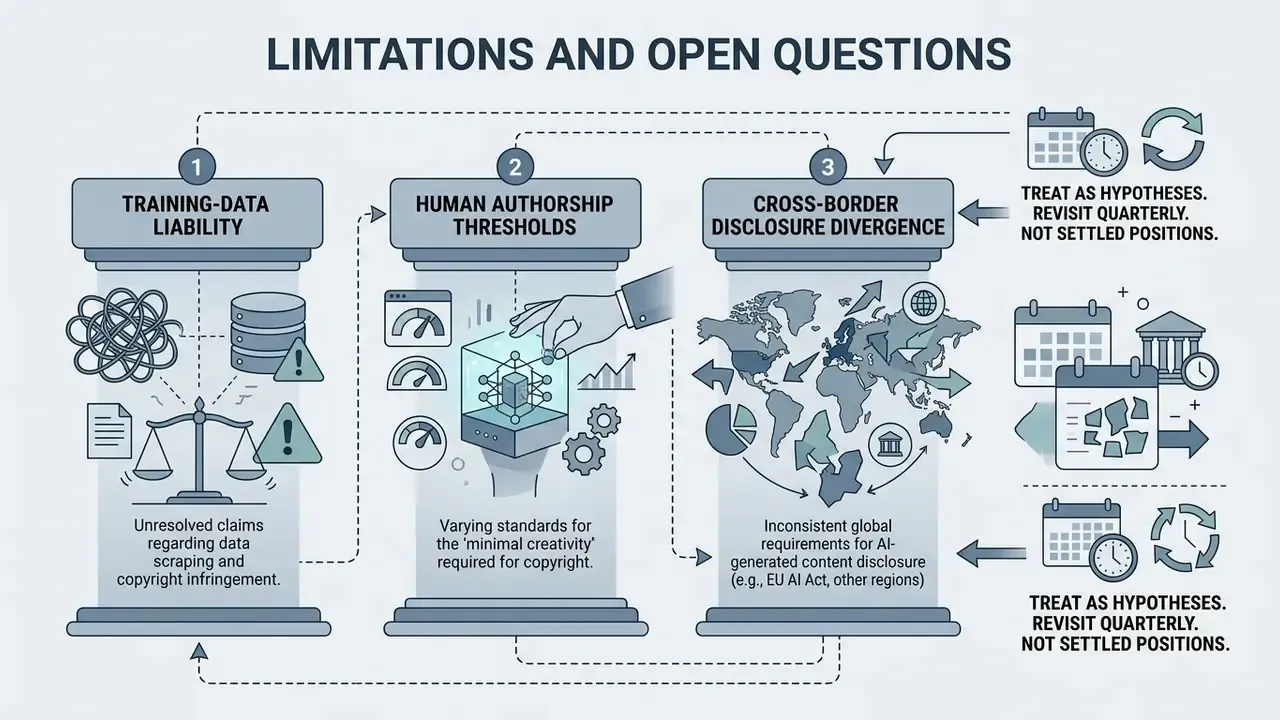 Diagram showing three pillars representing training liability, human authorship, and global disclosure
