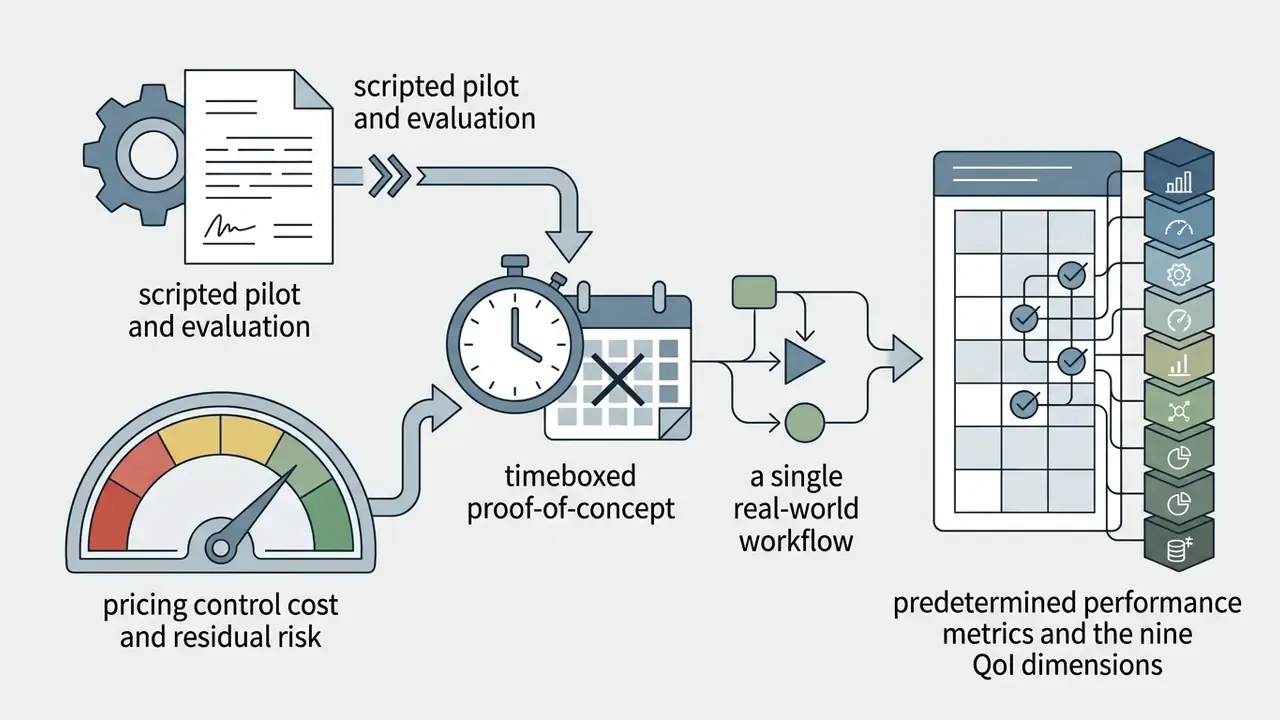 Sequence connecting a pilot document and cost gauge to a timeboxed workflow and performance metrics