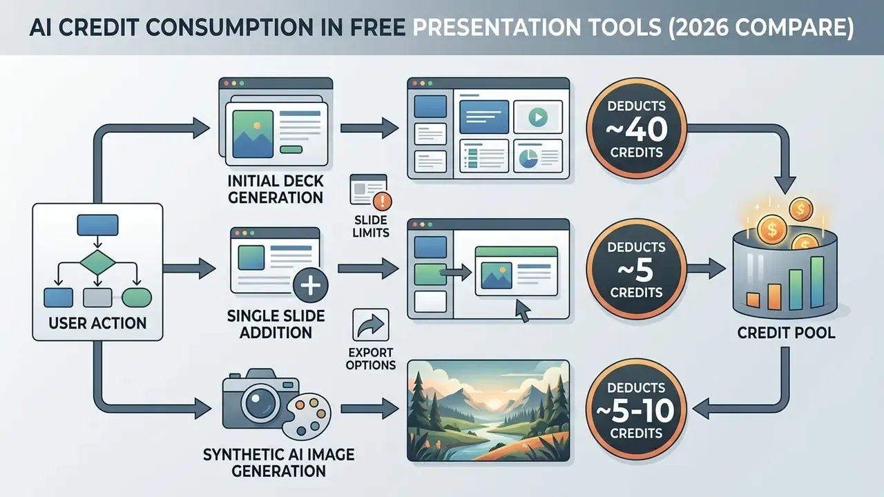 Flowchart showing user actions in a free AI presentation maker and their corresponding credit costs