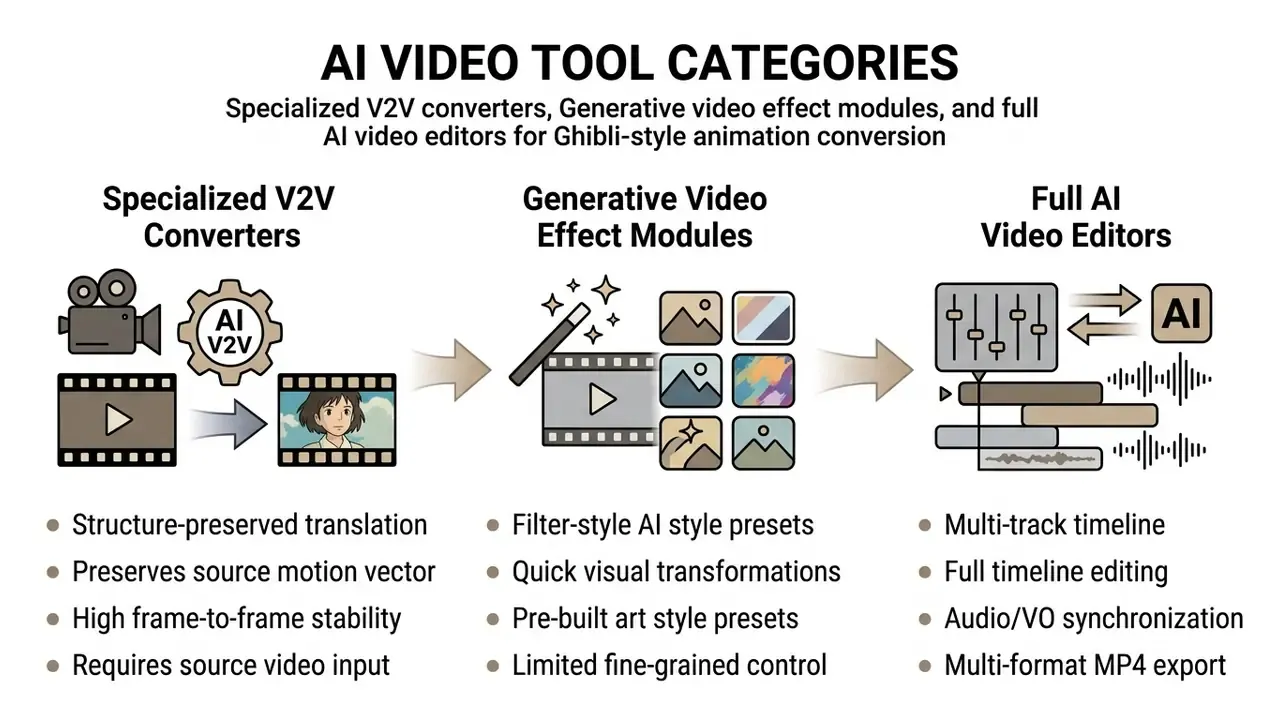 Comparison of three AI video tool categories for converting footage into Ghibli style animation