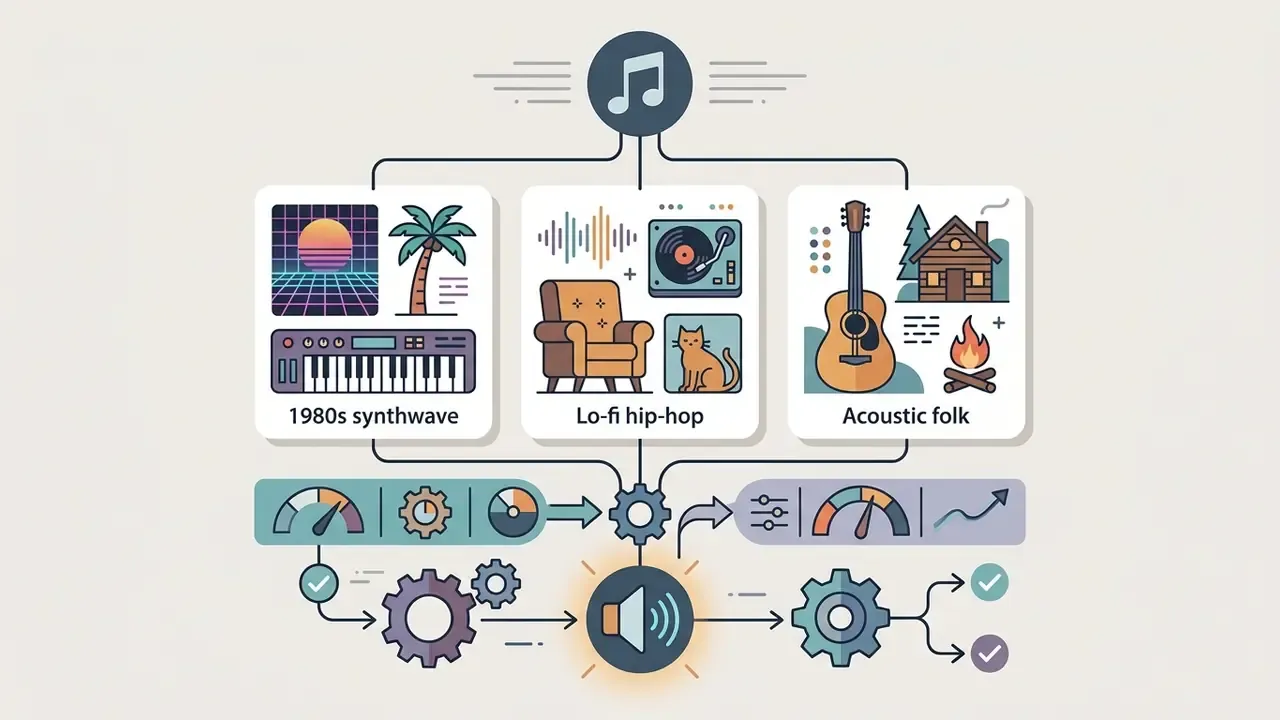 Icons representing synthwave, lo-fi hip-hop, and acoustic folk styles feeding into an AI song creator