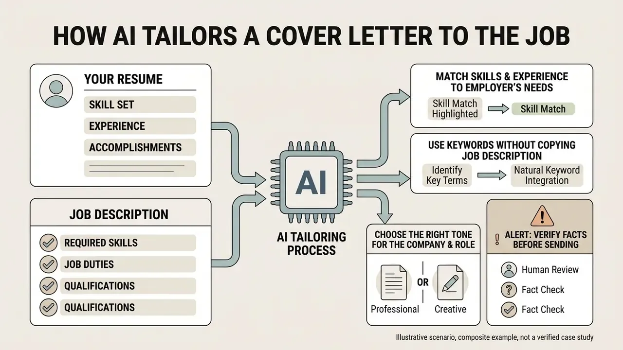 Central AI processor connecting resume and job description data to specific output and verification steps