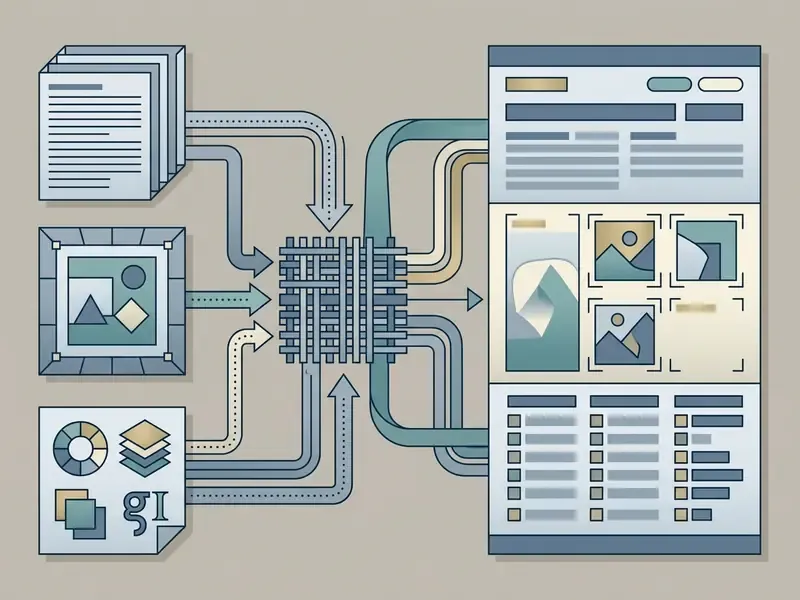 Diagram showing text, images, and brand assets merging through a central grid into a structured layout