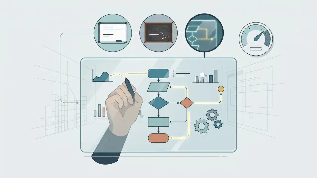 Hand drawing a flowchart on a transparent glass board with surrounding icons and a speed gauge
