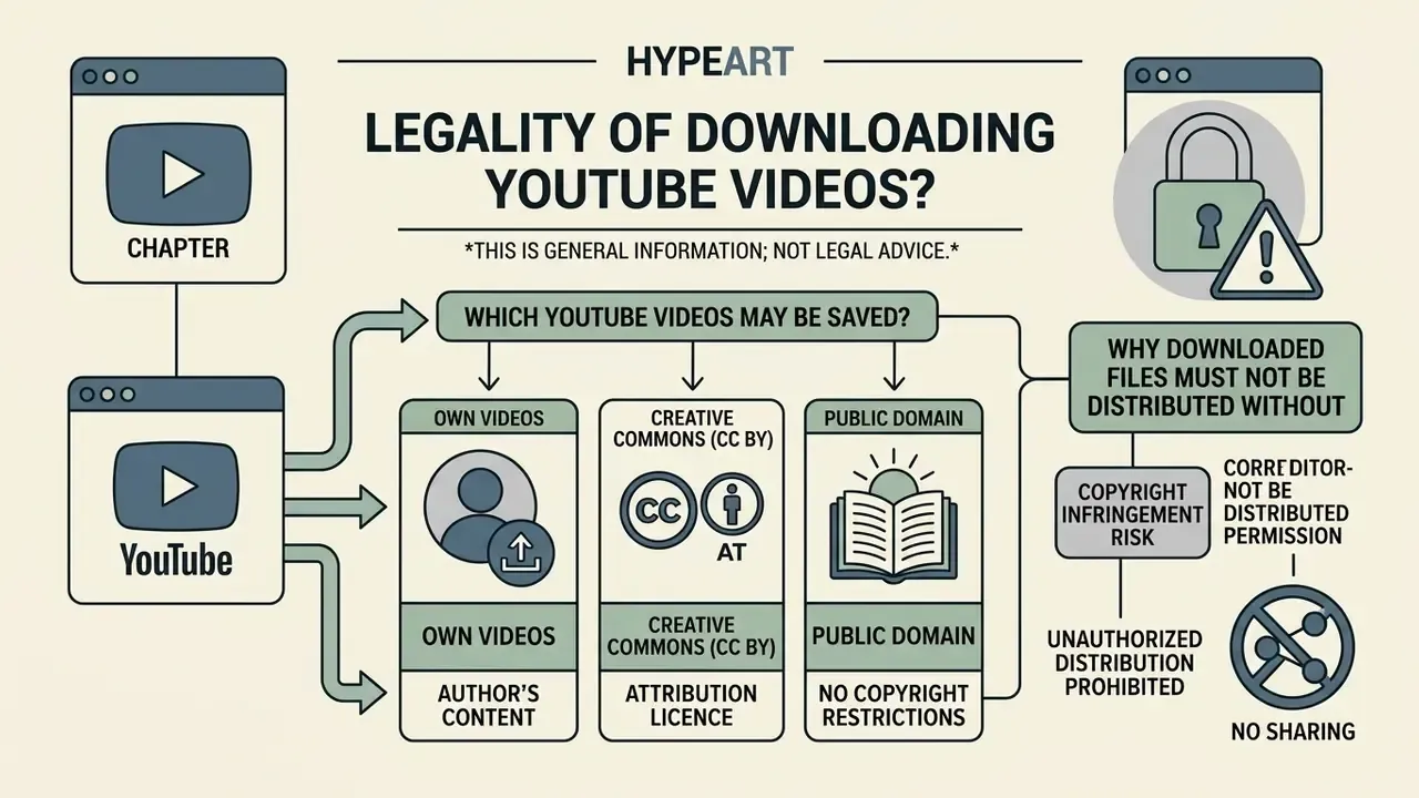 Infographic summarizing legal criteria for saving YouTube videos and restrictions on distribution