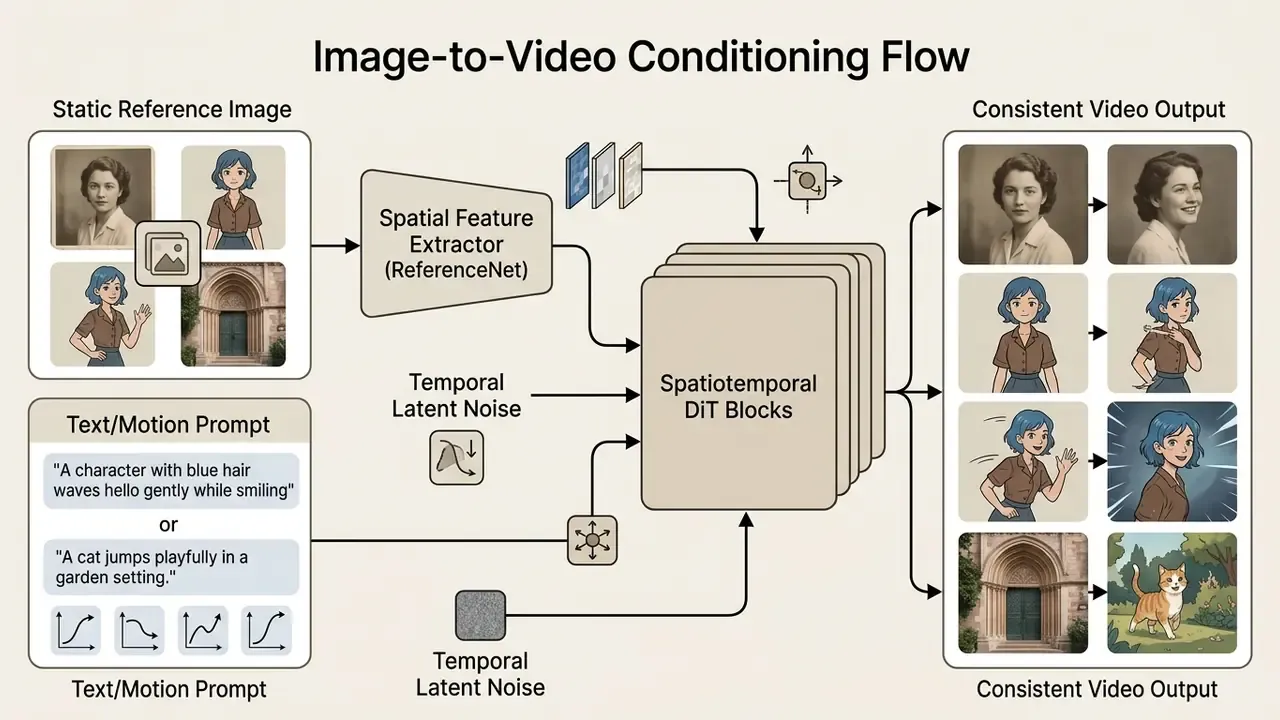 Technical diagram showing how reference images and prompts are processed into consistent video output