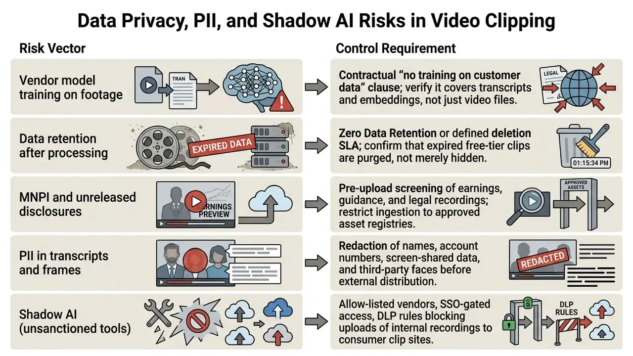 Table mapping video clipping risk vectors to corresponding control requirements for data security