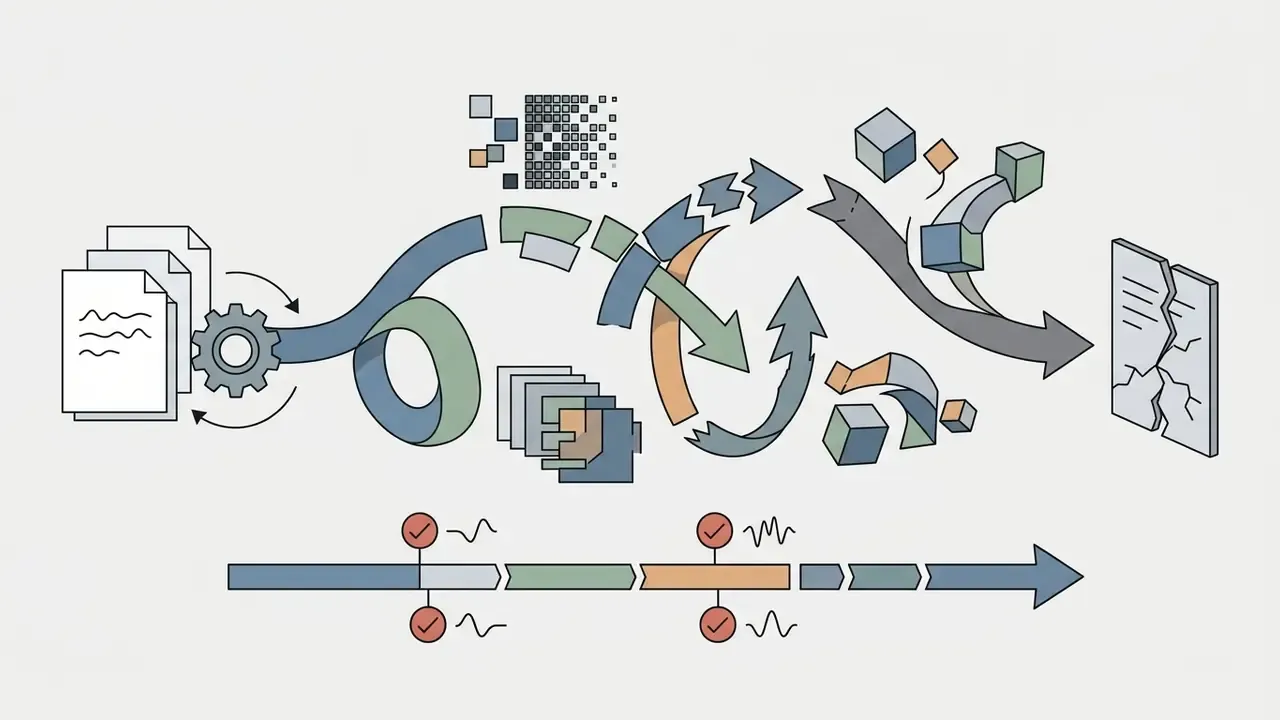 Documents feeding into a gear system that fragments into scattered cubes and a cracked final panel