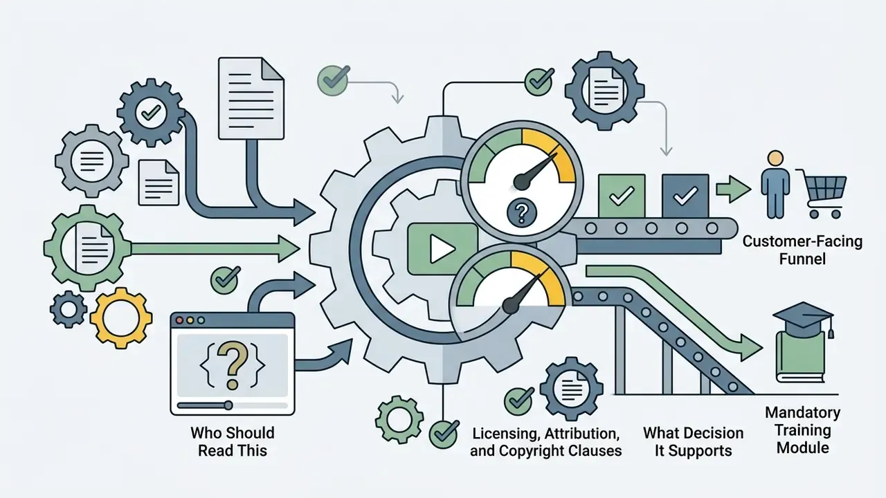 Gears and documents feeding into a central mechanism that outputs content for sales and training modules