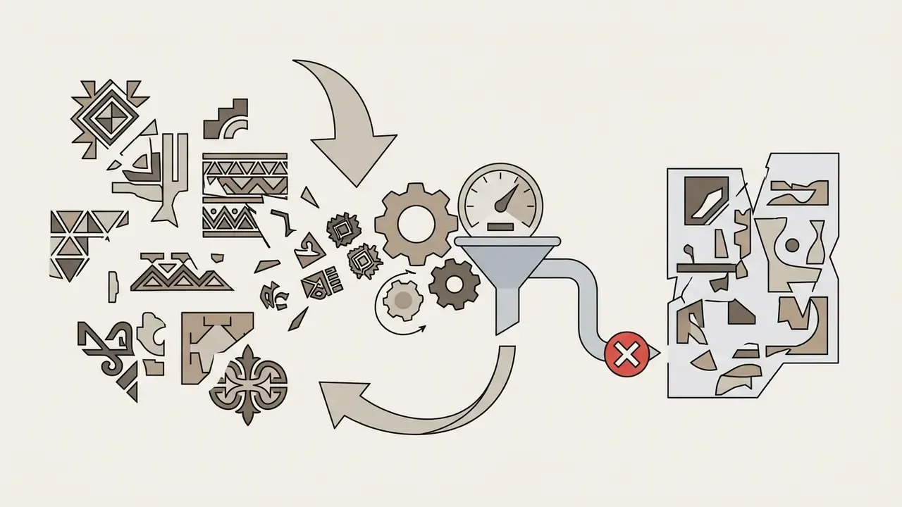 Cultural symbols passing through a gear mechanism and gauge filter to be rejected as decontextualised art