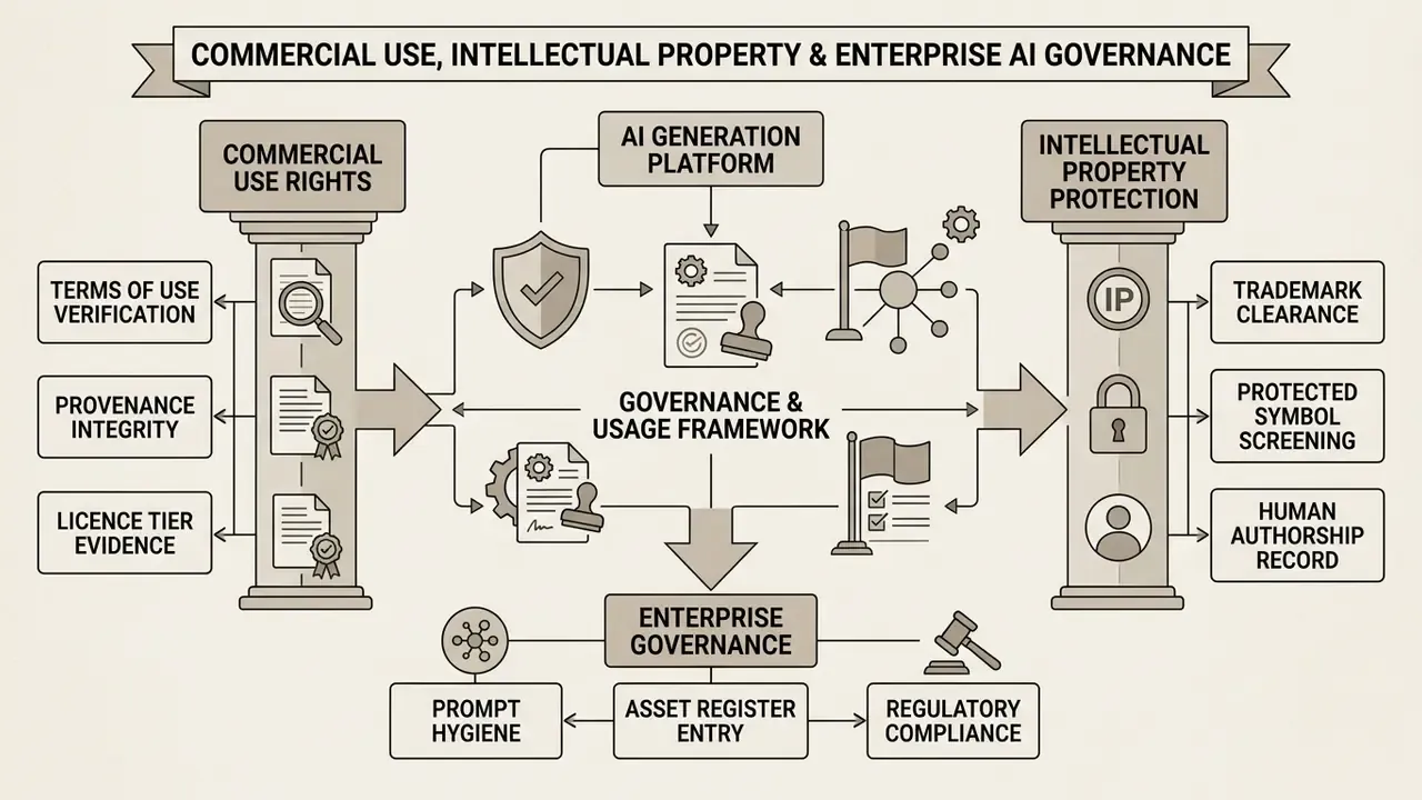 Flowchart connecting commercial rights and intellectual property pillars to a central governance framework