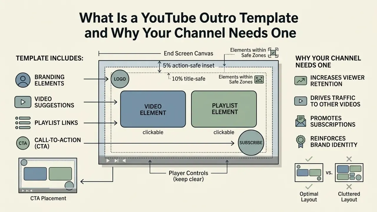 Diagram showing the layout of a YouTube outro template with safe zones and clickable element placement