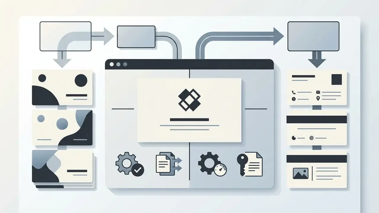 Central design window with gear and document icons connecting to various front and back card templates