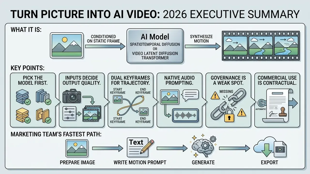 Infographic showing how to turn a picture into AI video through model conditioning and keyframe control