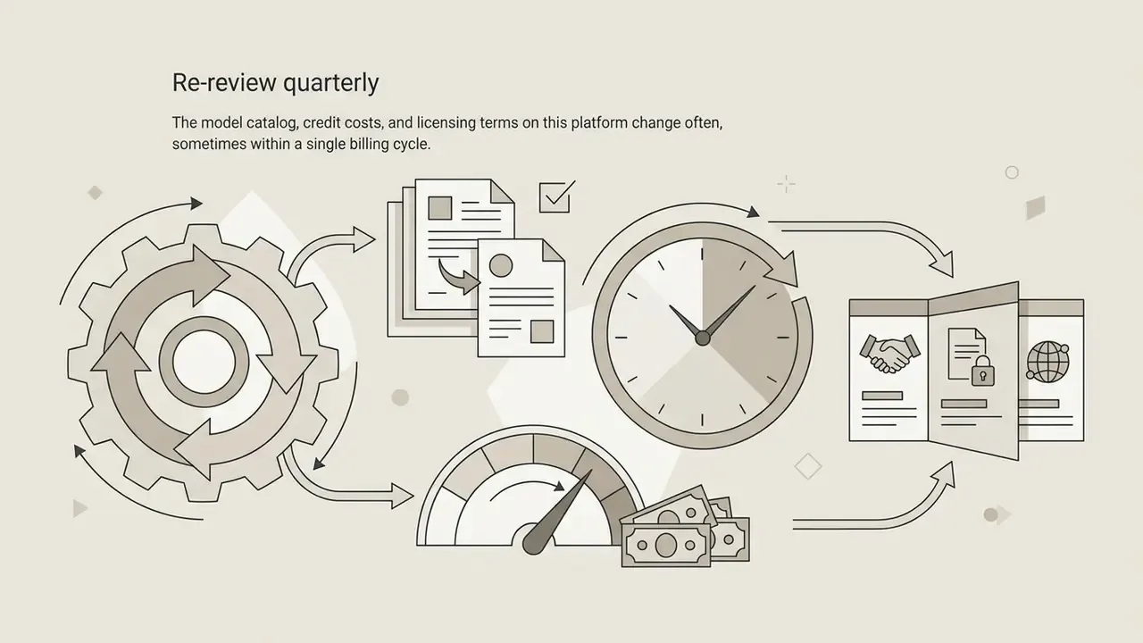 Process flow showing a gear mechanism, documents, a clock, and a gauge leading to a summary report