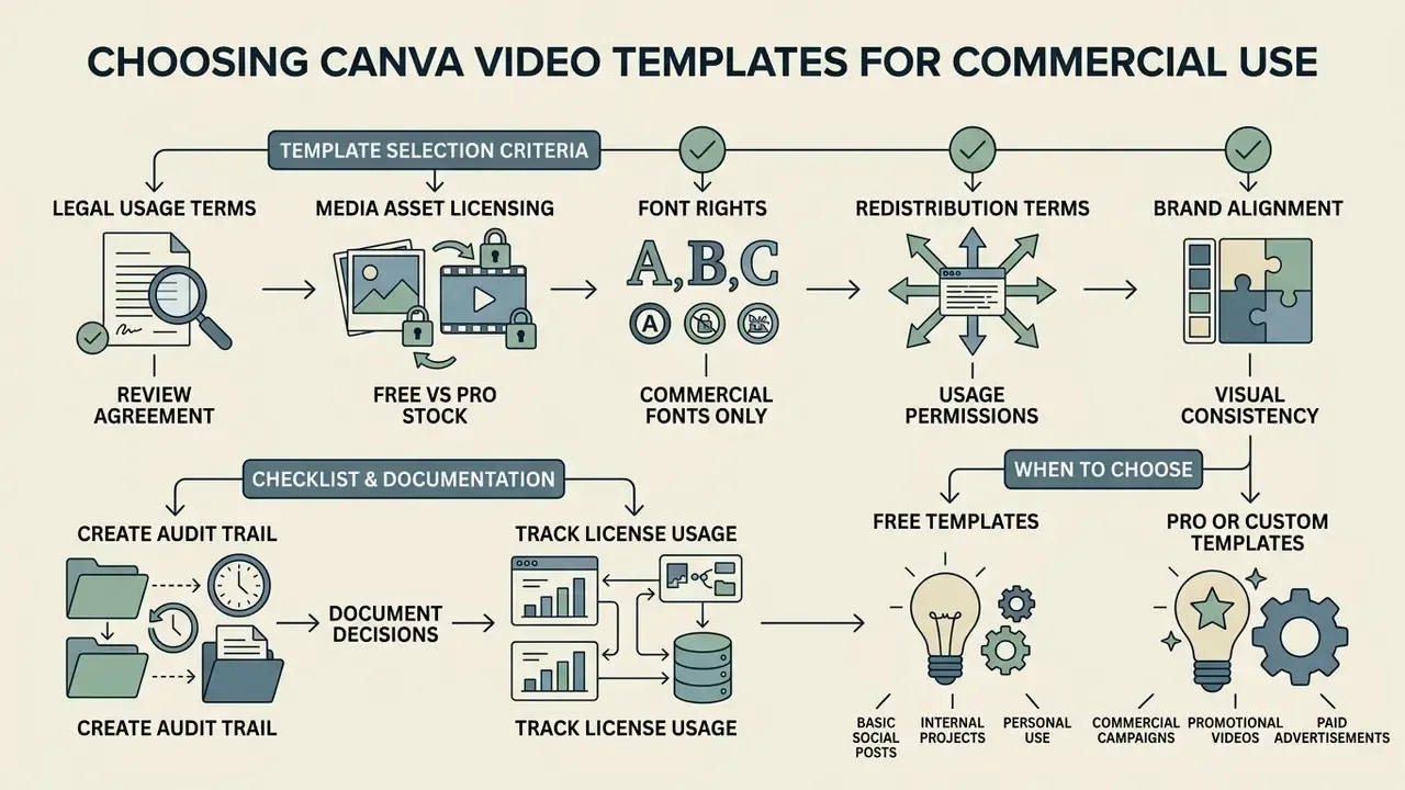 Diagram detailing legal review, licensing, and documentation steps for professional video asset selection
