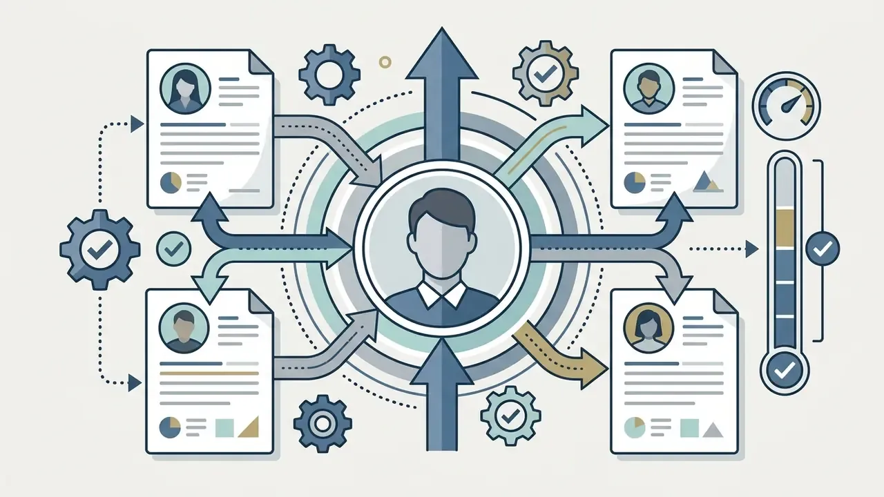 Central portrait surrounded by arrows connecting to resume documents and performance status indicators