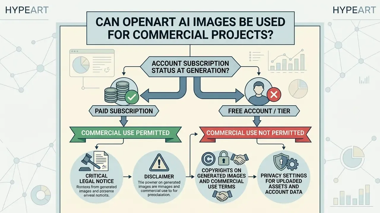 Flowchart showing how OpenArt AI subscription status dictates commercial use permissions for images