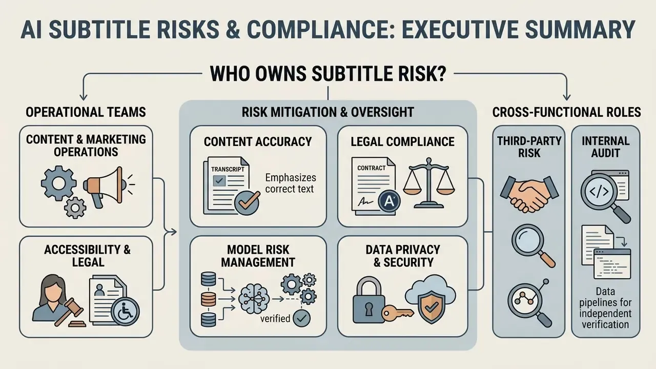 Flowchart outlining organizational responsibilities and risk mitigation strategies for AI subtitle generation