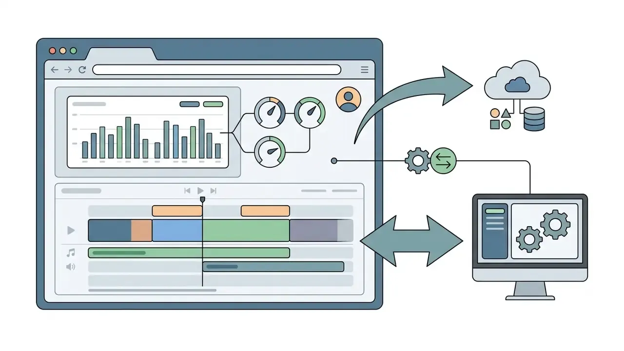 Browser interface showing credit tracking and timeline connected to cloud storage and desktop software