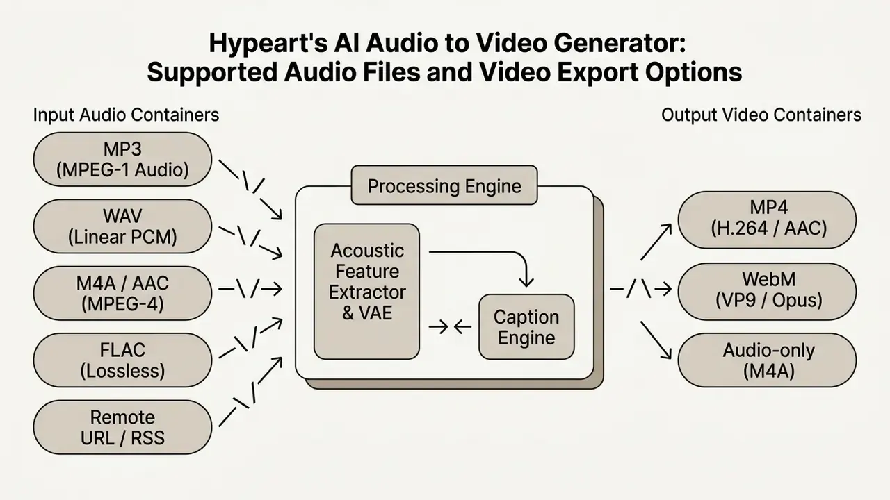 Technical diagram showing audio file inputs being processed into various video output container formats