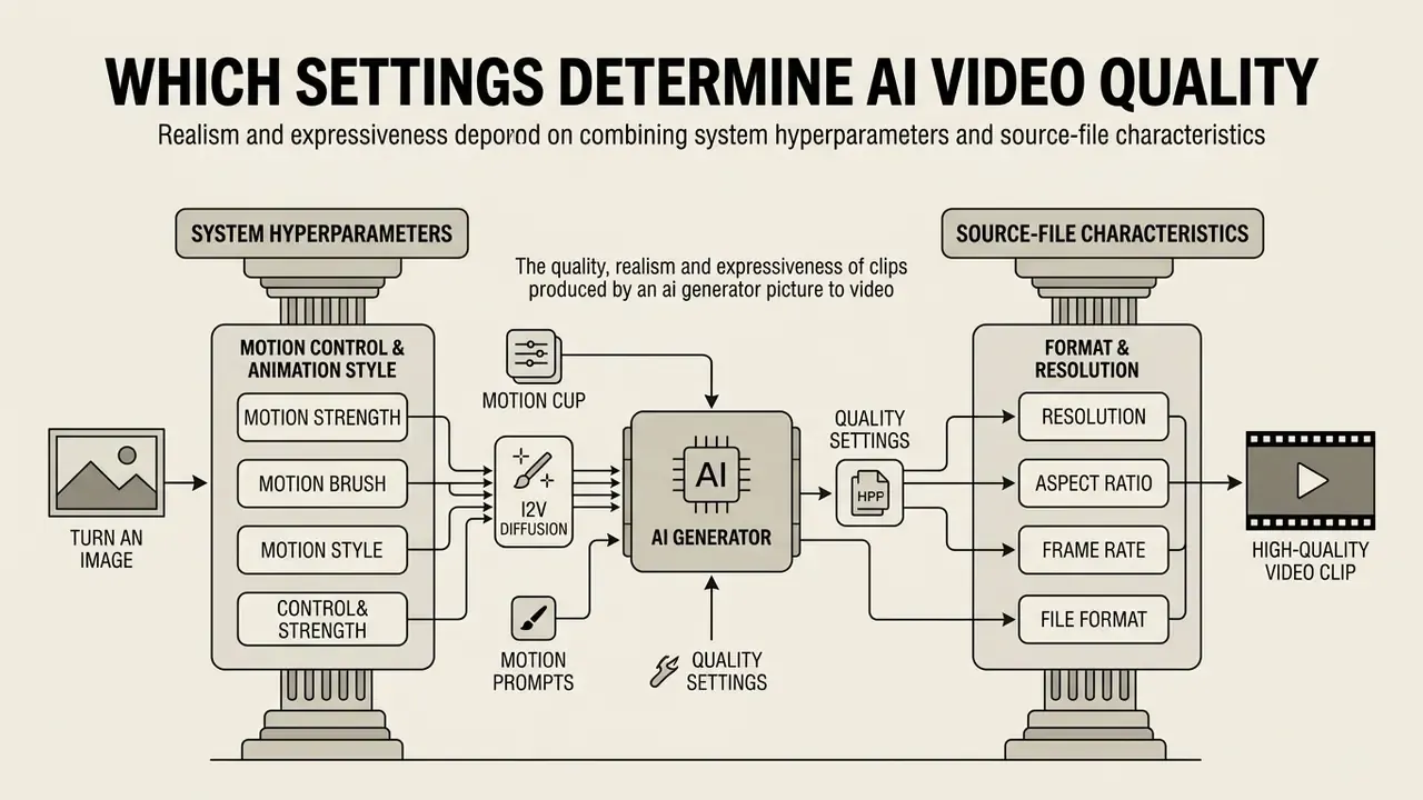 Flowchart showing how system hyperparameters and source file characteristics influence image to video AI