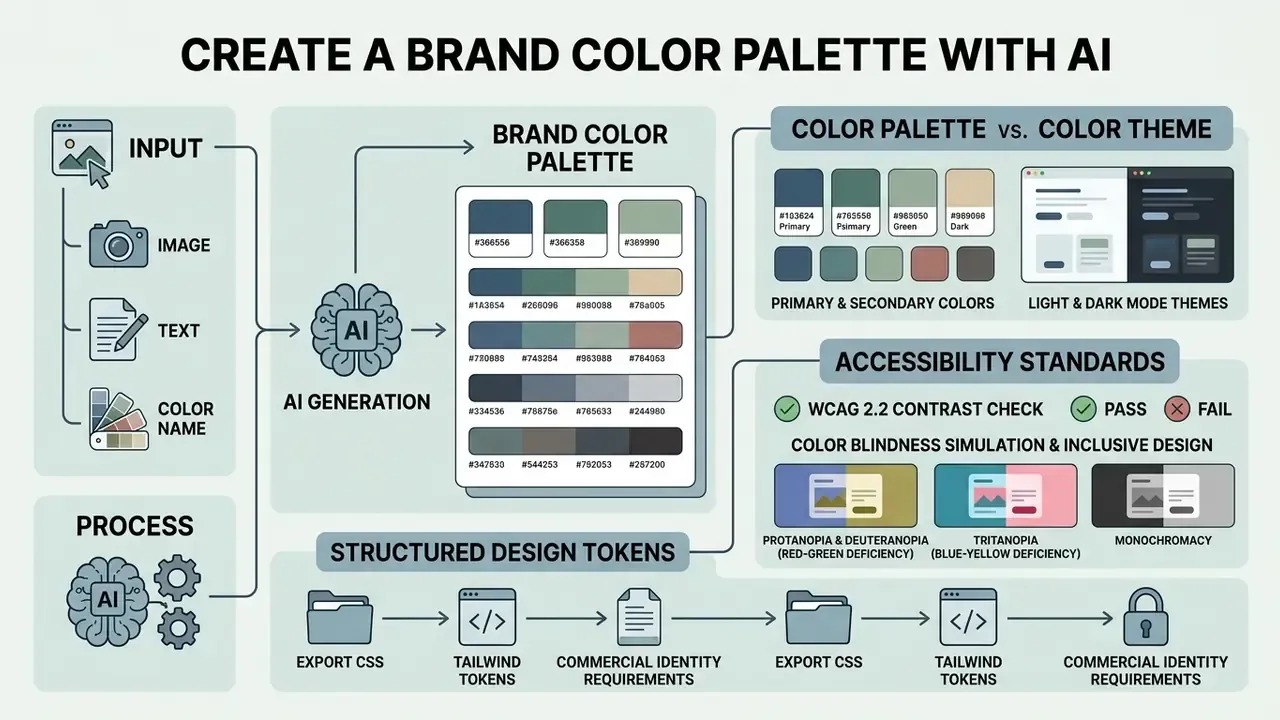 Infographic detailing color generation steps including accessibility checks and design token exports