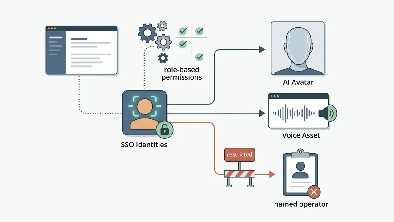 SSO identities linking to AI avatar and voice assets with role-based permissions and restricted access