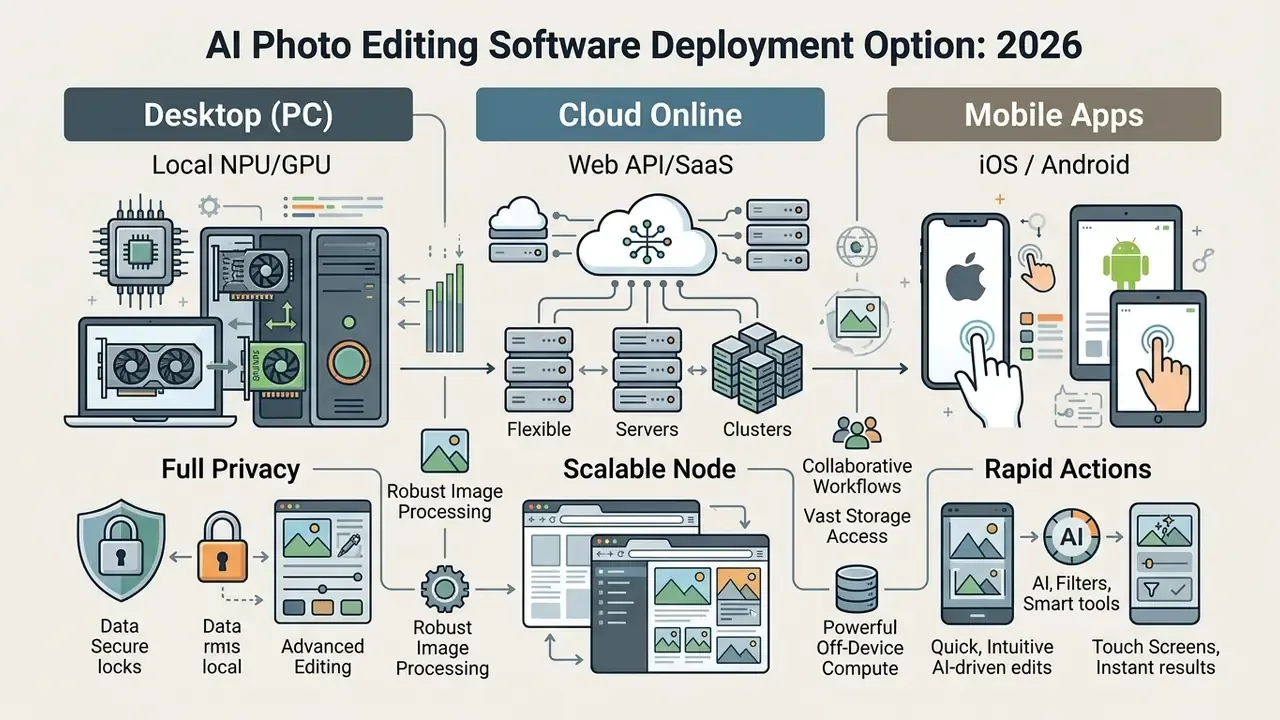 Visual breakdown of software deployment options across desktop, cloud, and mobile platforms