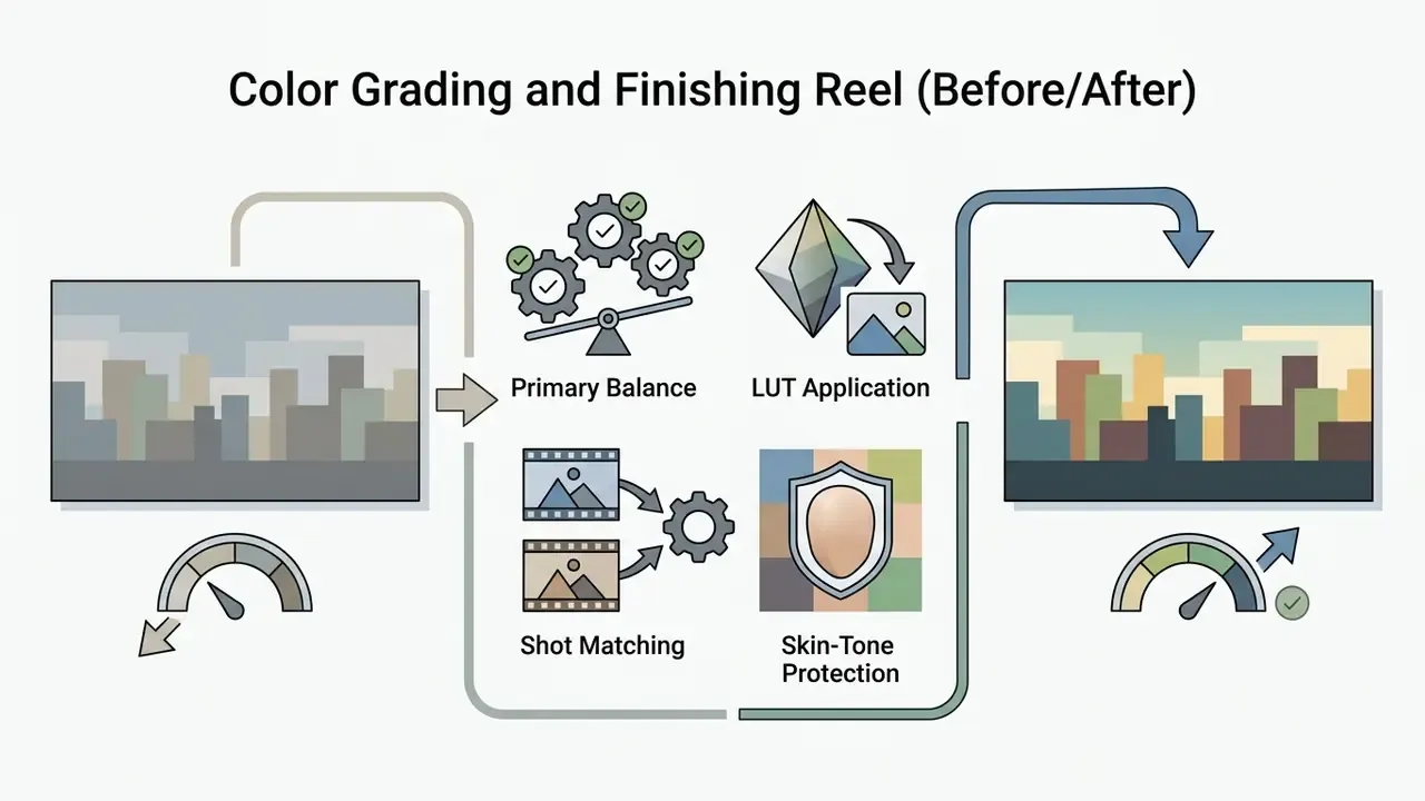 Workflow showing primary balance, LUT application, shot matching, and skin-tone protection for color grading