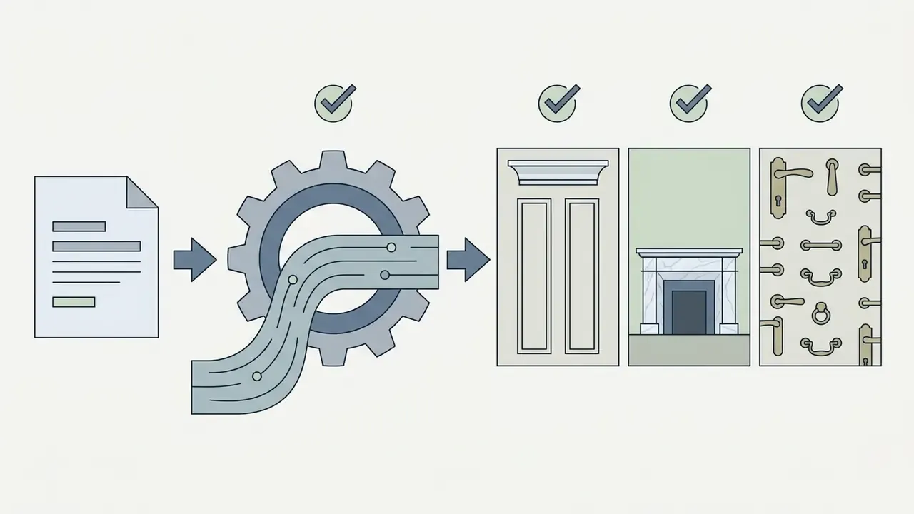 Document processing through a gear into neoclassical design elements like mouldings and brass hardware