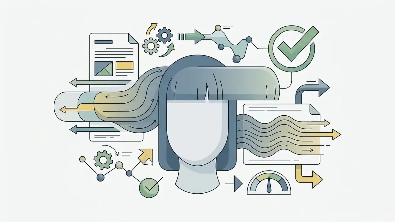 Long face outline with flowing hair connecting to documents, gear icons, and a performance gauge