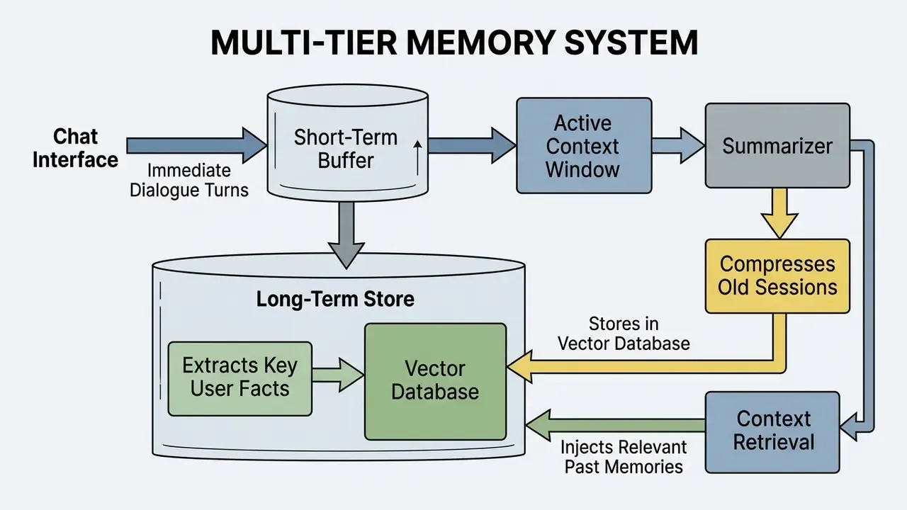 Data flow showing short-term buffers, summarization, and vector database storage for memory retrieval