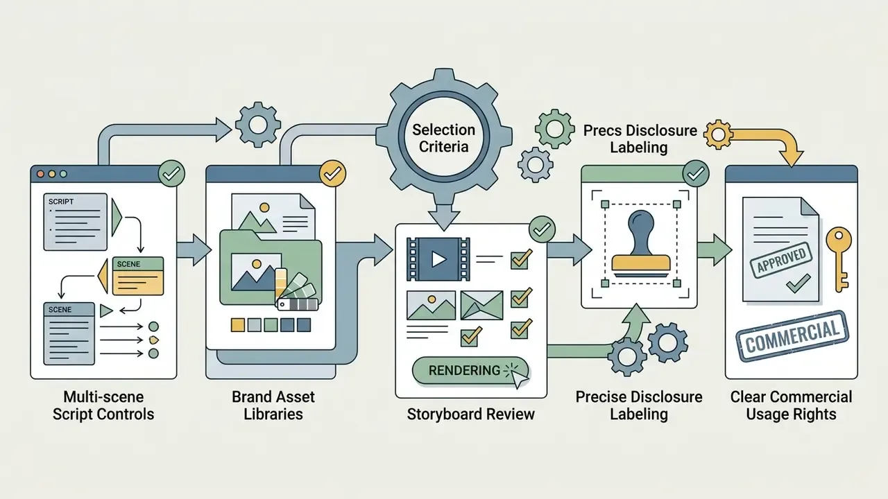 Workflow showing script controls, asset libraries, storyboard review, and commercial usage rights