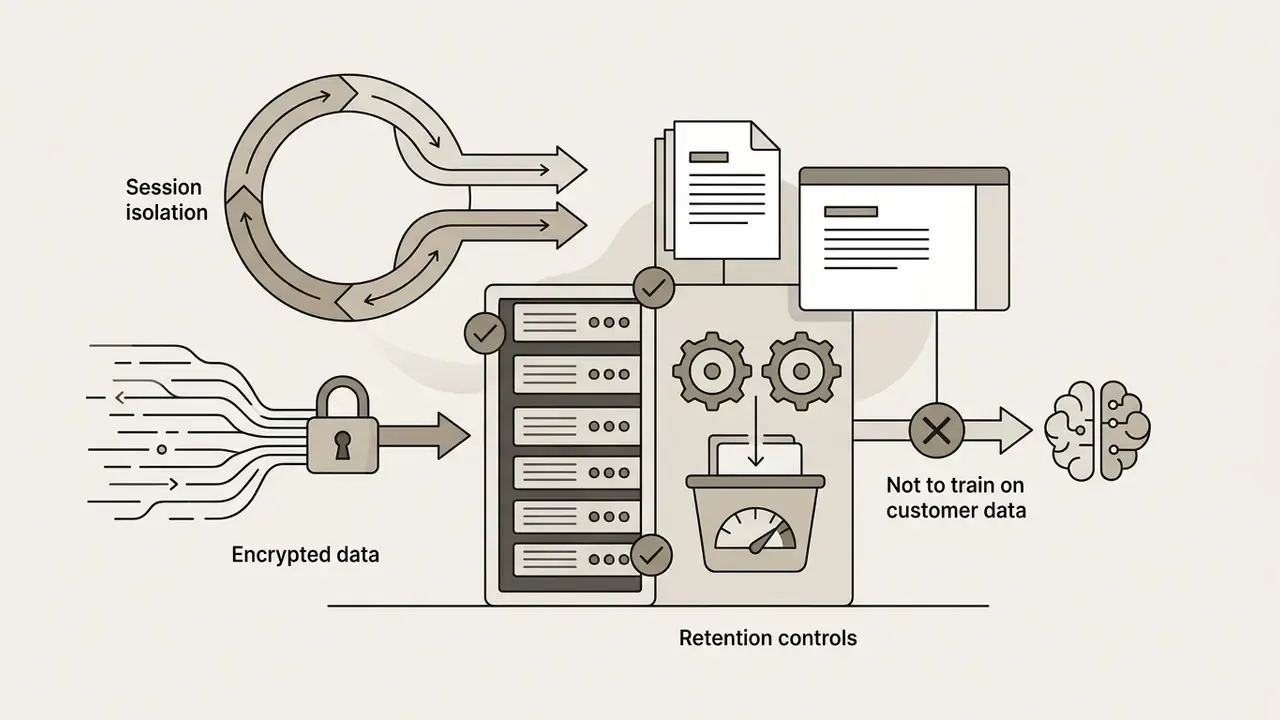 Server rack processing encrypted data with session isolation and retention controls blocking AI training