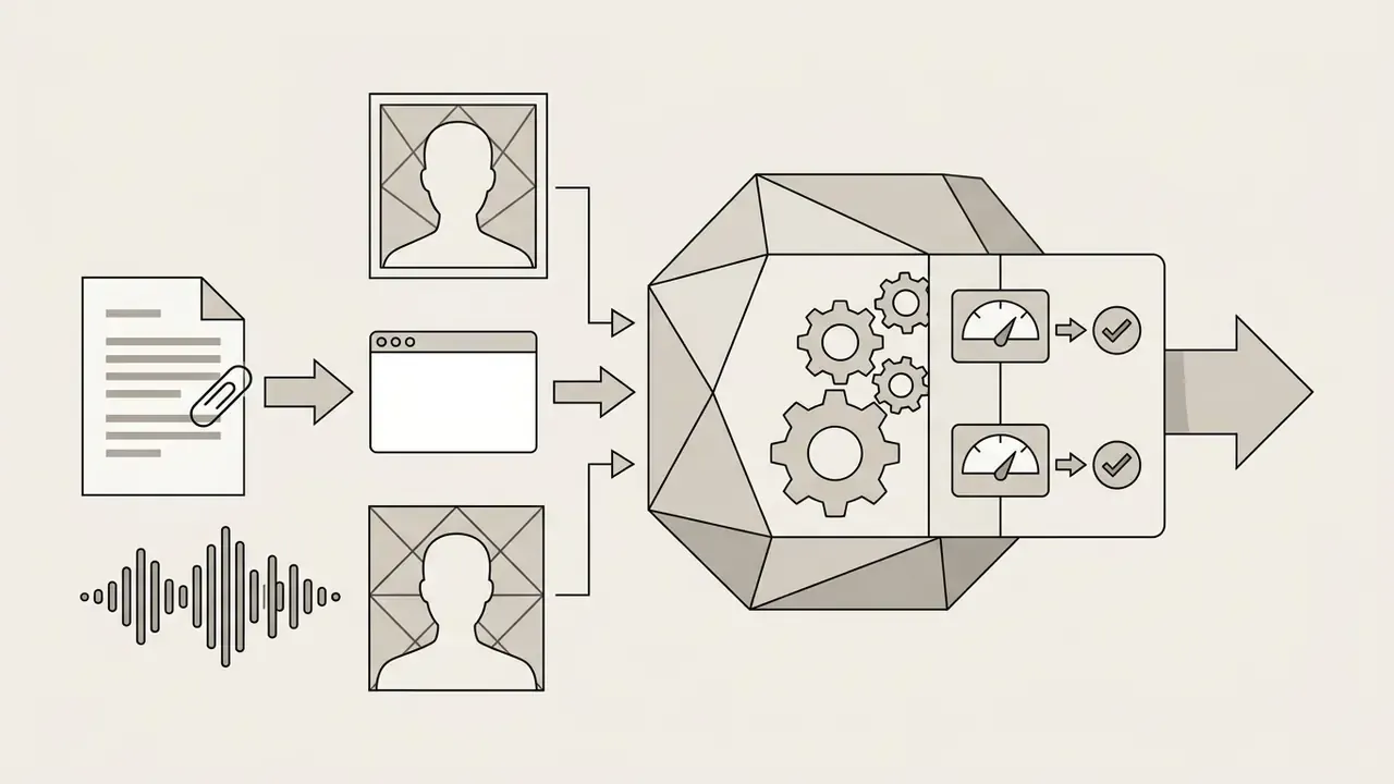 Icons of documents, audio, and avatars feeding into a central processing engine with gauges and checkmarks
