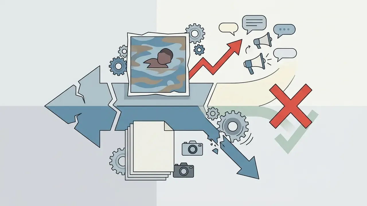 Synthetic image of a child in floodwater moving through gears toward social media noise and a red cross
