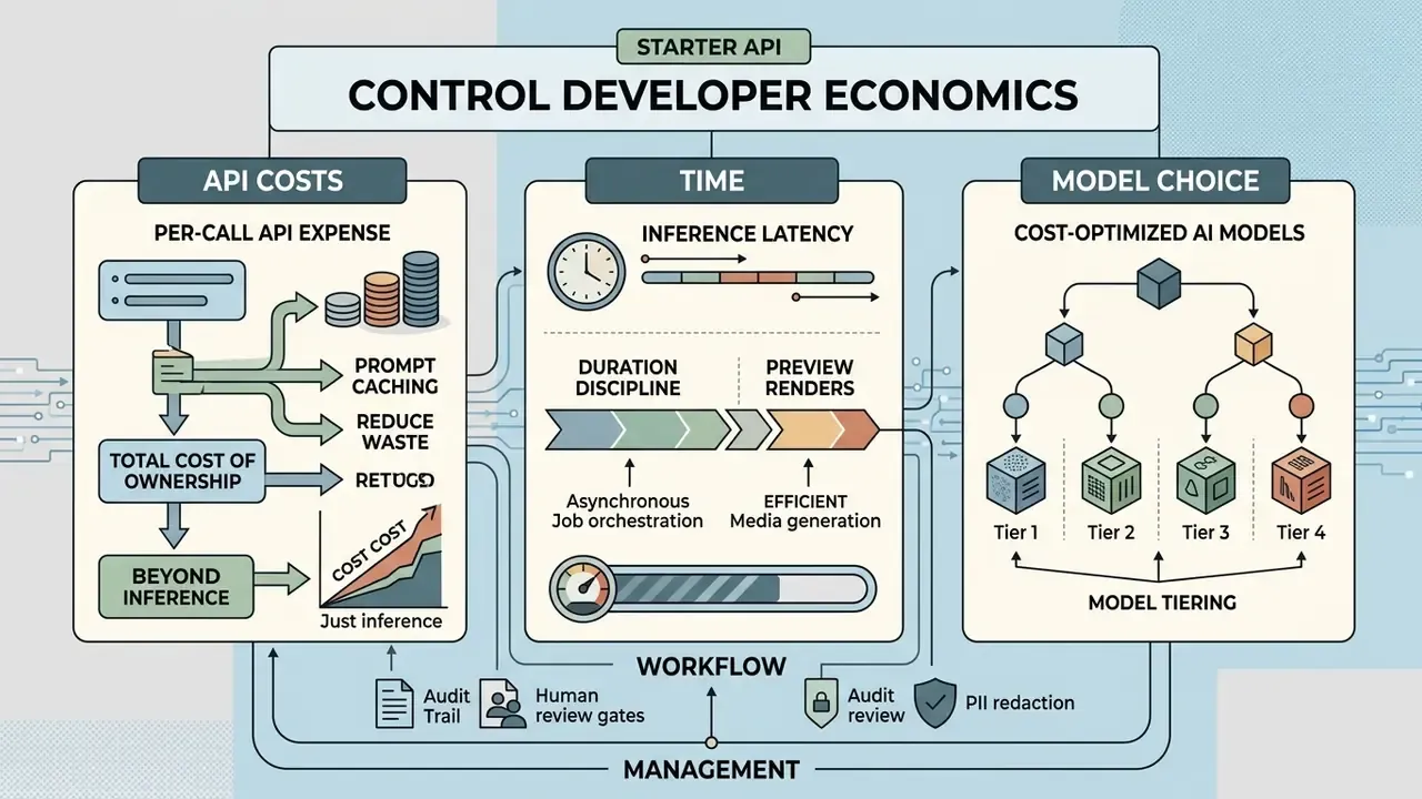 Infographic mapping API costs, inference time, and model tiering strategies for AI development
