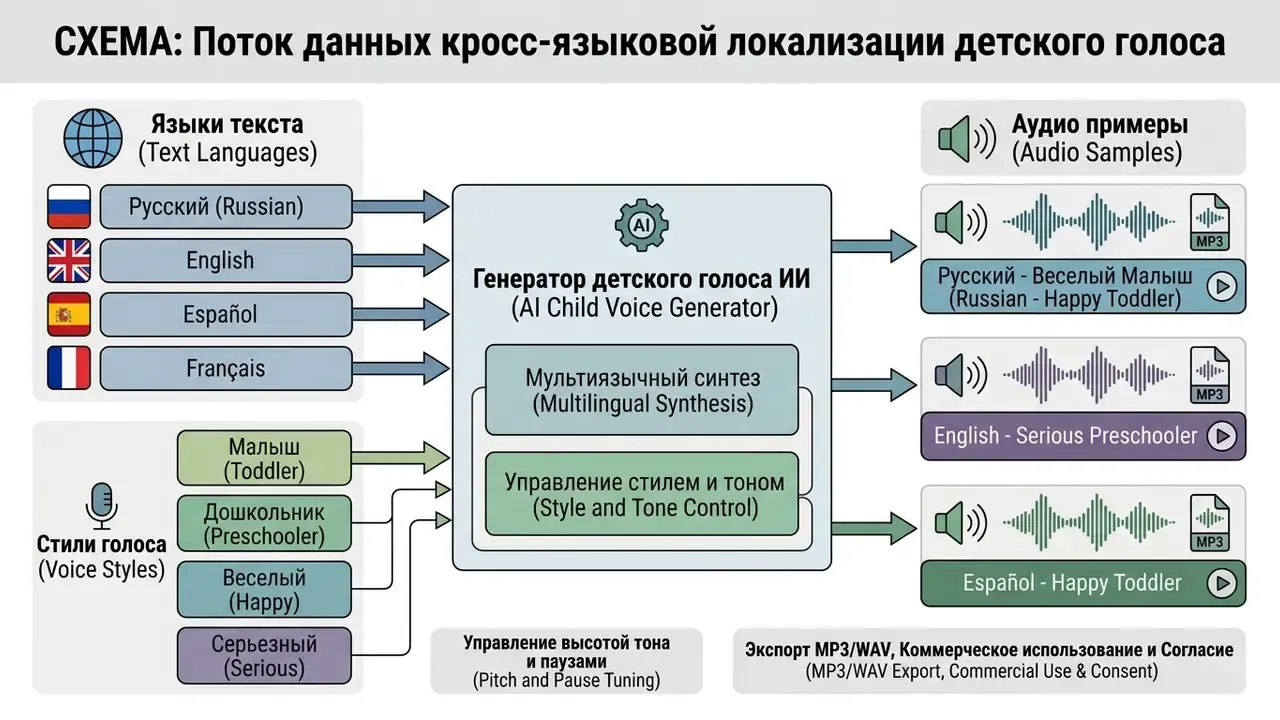 Diagram showing the multilingual ai child voice generator workflow with language and style inputs