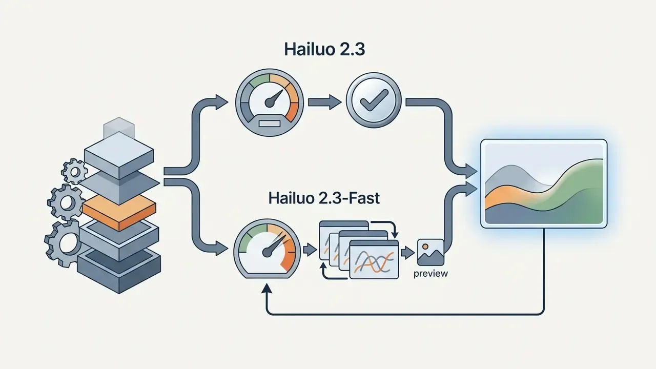Process flow comparing standard and fast video rendering paths with speed gauges and preview icons