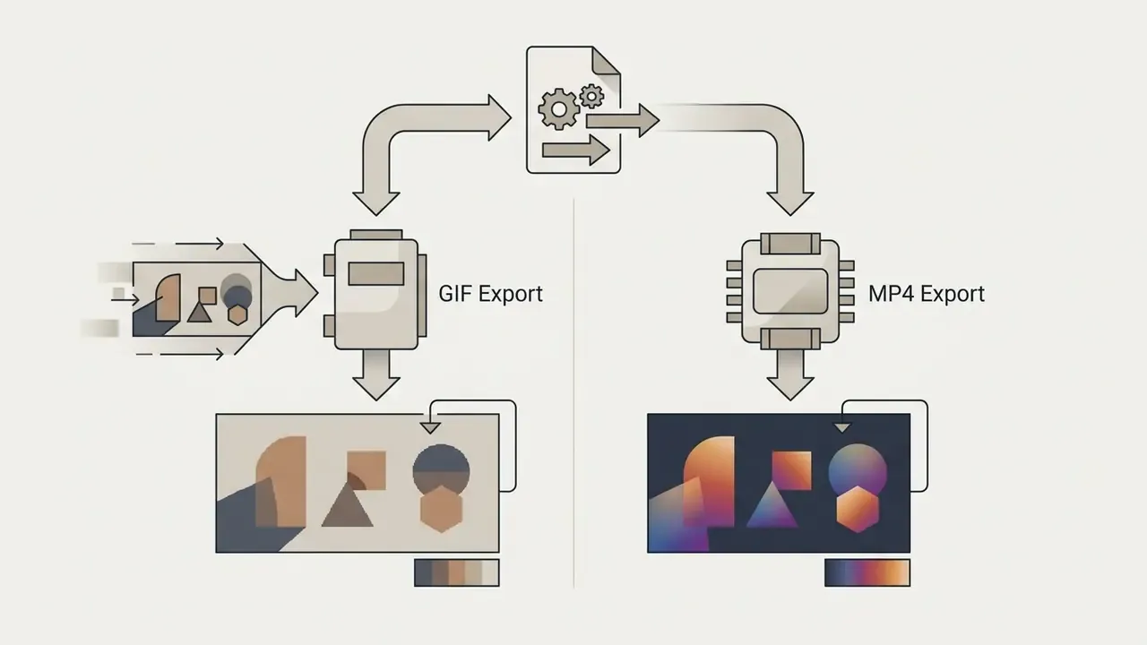 Comparison flowchart showing GIF color quantization versus MP4 gradient preservation for video loops